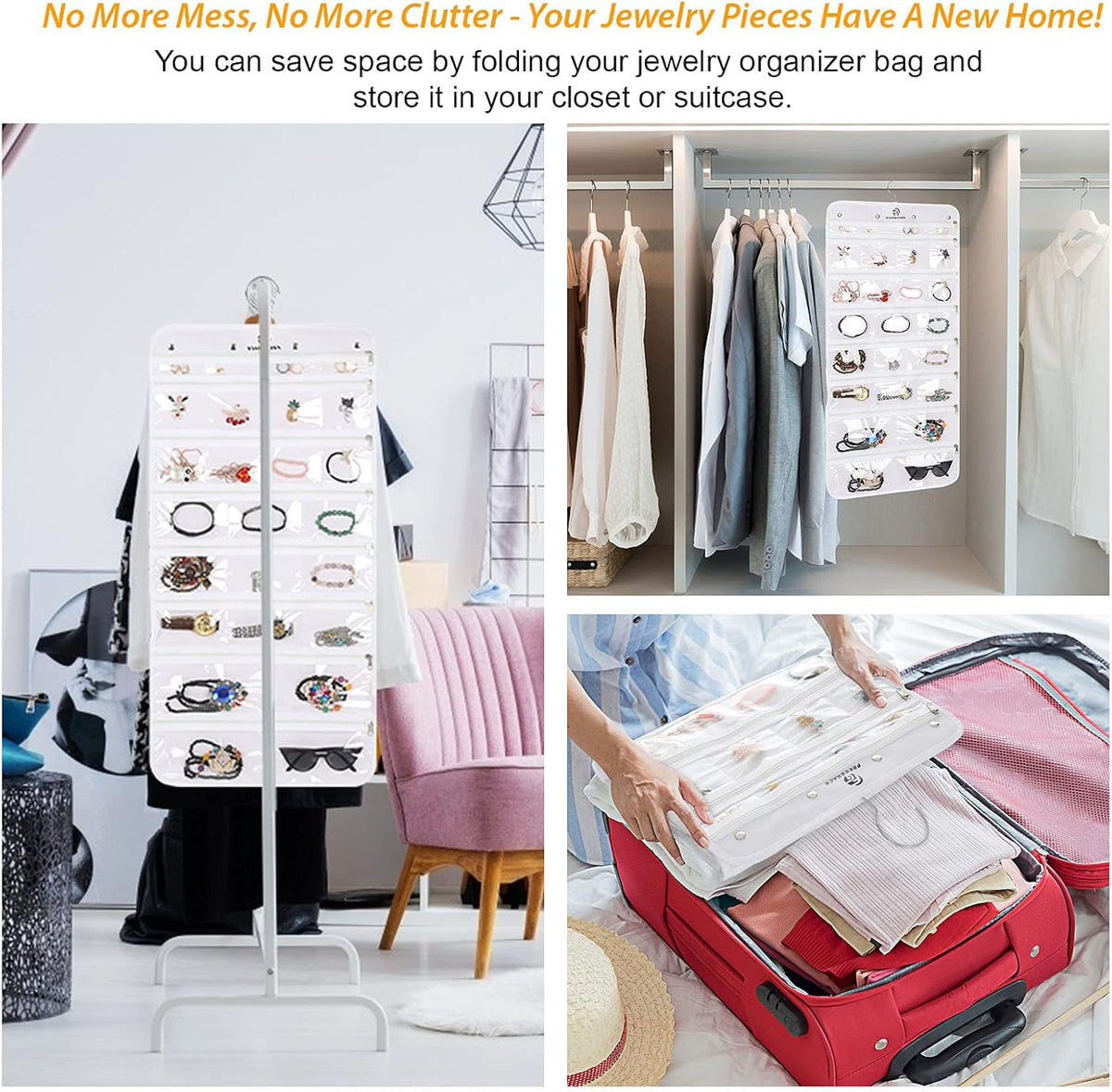 Freegrace Hanging Jewelry Organizer Revolving Hanger - Secure Zipper Closure - 50 Pockets