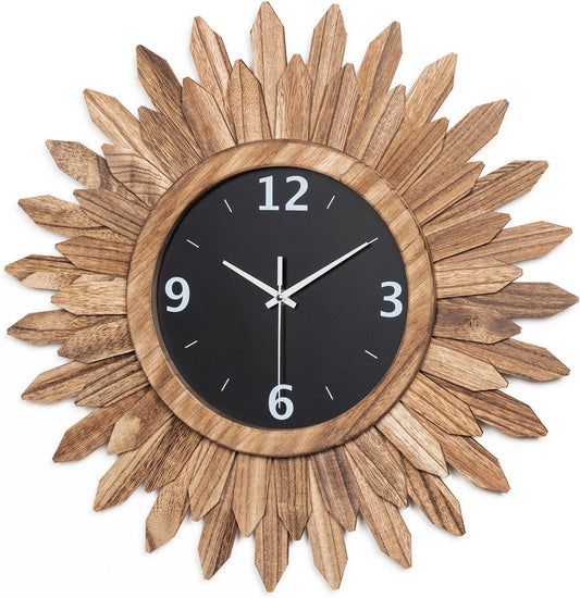 Honiway Large Wall Clock Battery Operated 21 in Rustic Wood Boho Sunburst Decorative Wall Clock