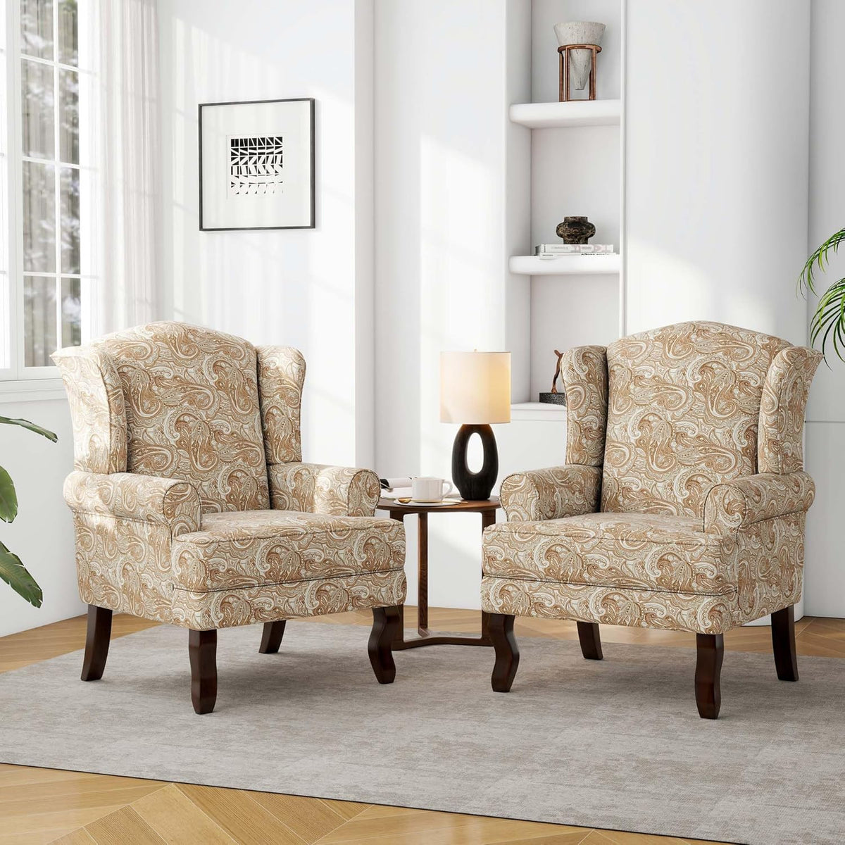 Accent Chair, High Back Upholstered Armchair with High Resilience Sponge & Wood Legs, Mid-Century