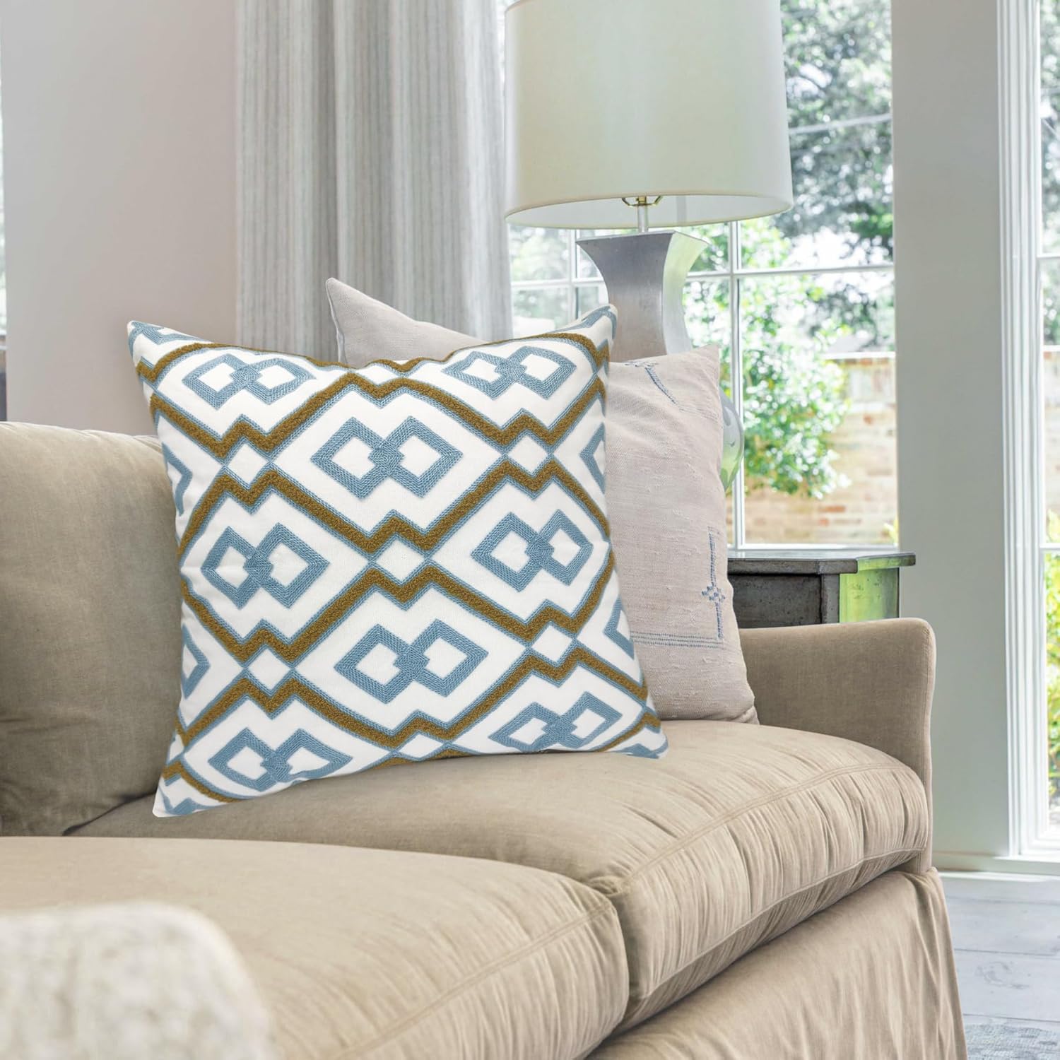 Alysheer Embroidered Decorative Throw Pillow Cover 18"x 18" Set of 2, Classic Boho Geometric