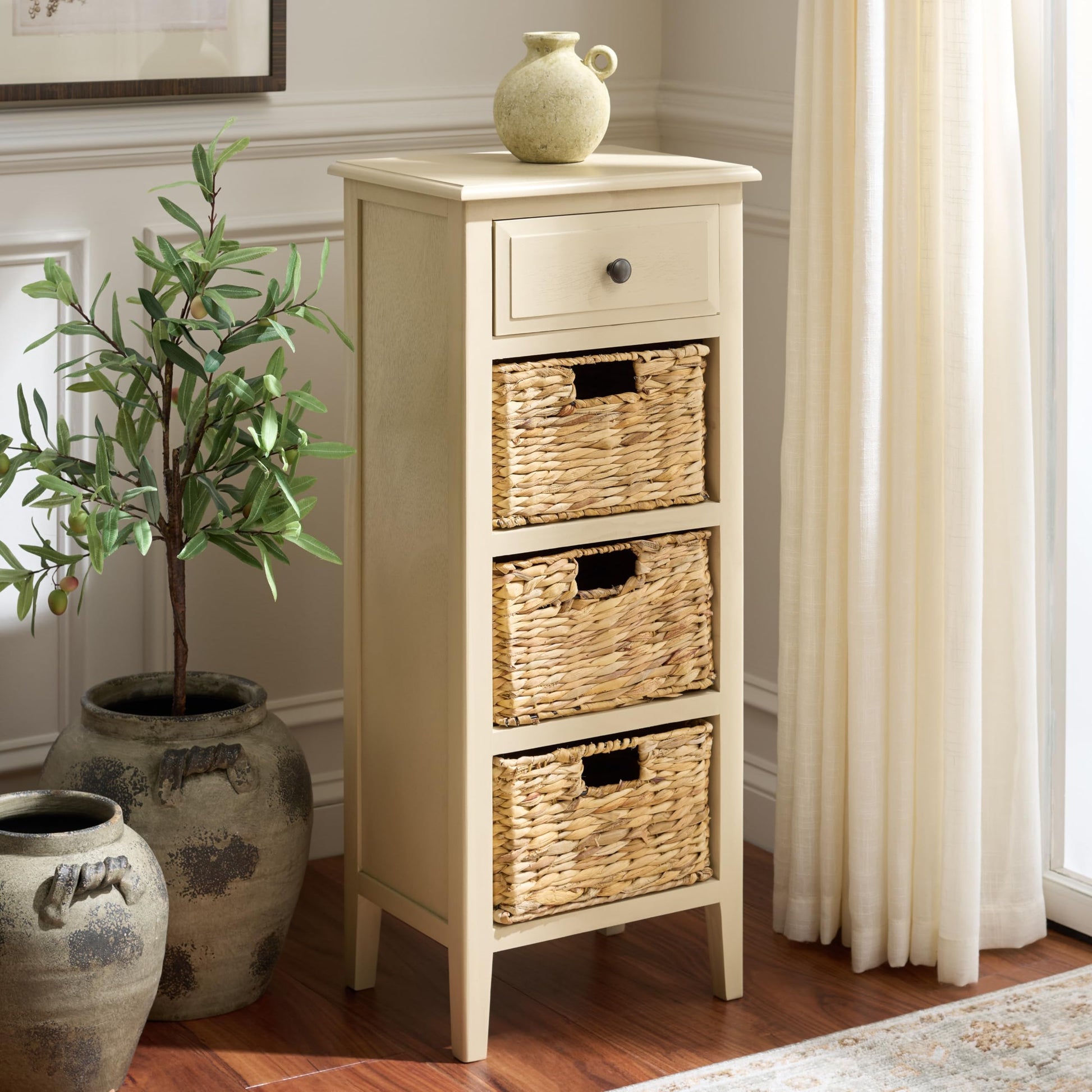 SAFAVIEH Furniture - Michaela 1-Drawer Storage Unit - Sand - Solid Wood - Farmhouse Basket Tower