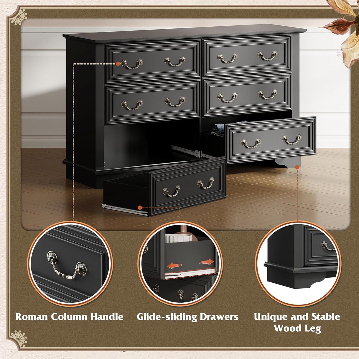 WLIVE Farmhouse Dresser for Bedroom, 51.97'' Wide Wood 6 Drawer Dresser, Chest of Drawers with