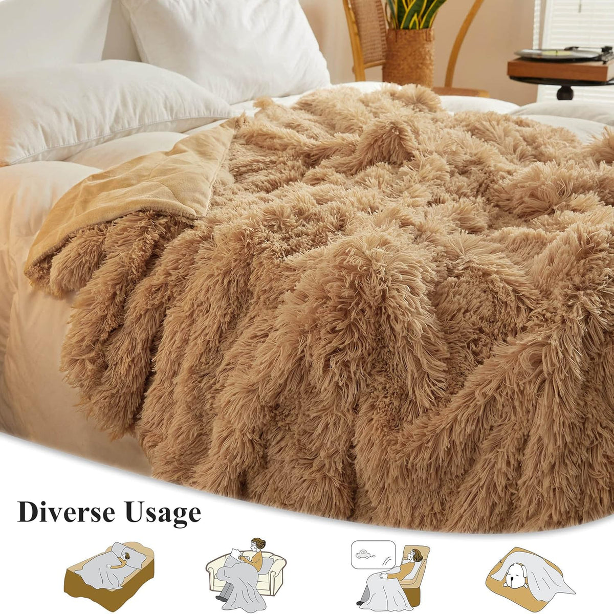 XeGe Plush Faux Fur Throw Blanket, Camel Luxurious 50x60 Shaggy Furry Blanket, Fluffy Microfiber