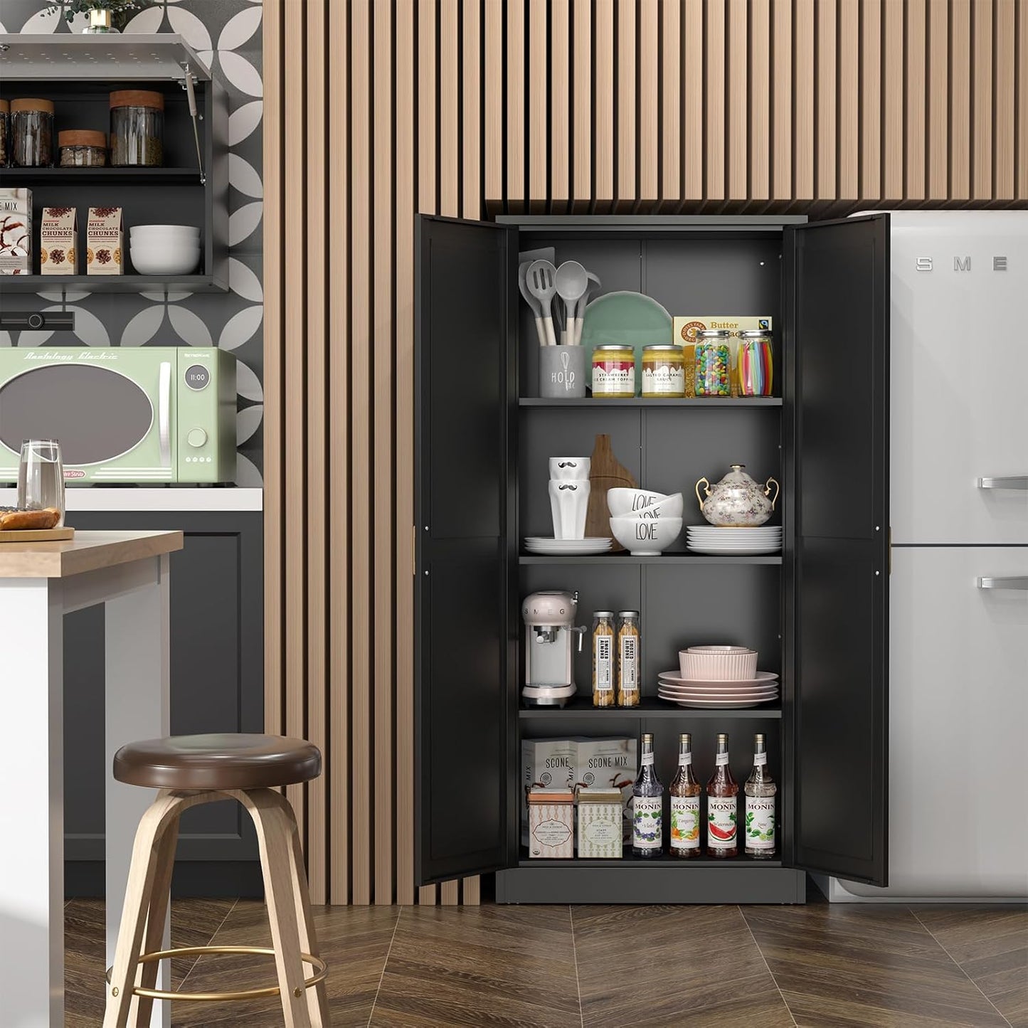 Kitchen Cabinet Storage,60”Metal Pantry Cabinet with Doors and 3 Adjustable Shelves,Food Pantry