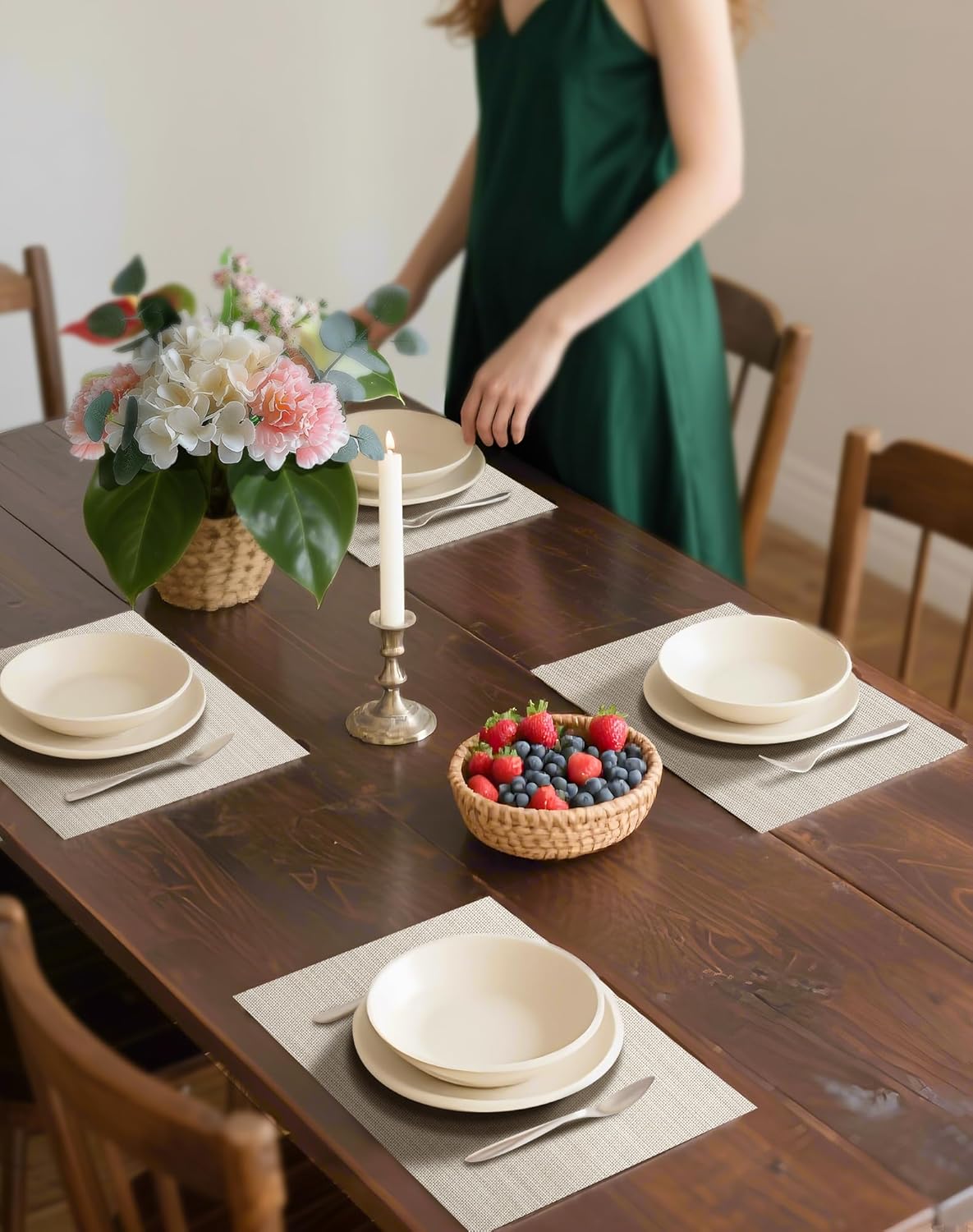 Leetaltree Beige White Placemats Set of 12 - Heat Resistant Non-Slip Place mats for Dining Table