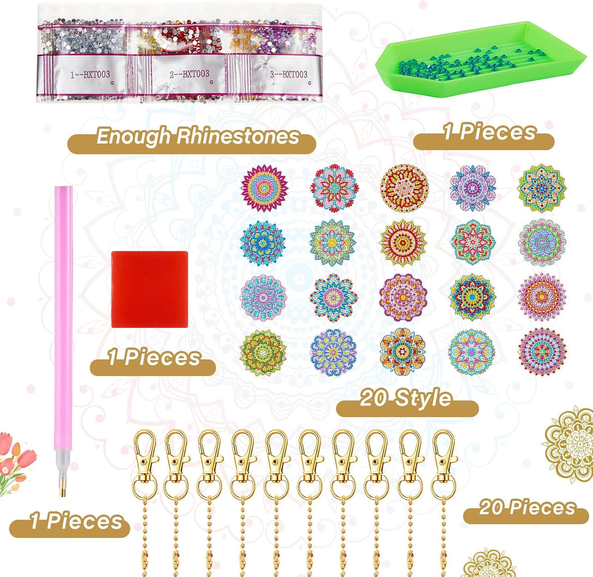 Henoyso 20 Pcs Diamond Art Painting Keychains Kits for Adults 5d Double Sided Cross Shaped Diamond