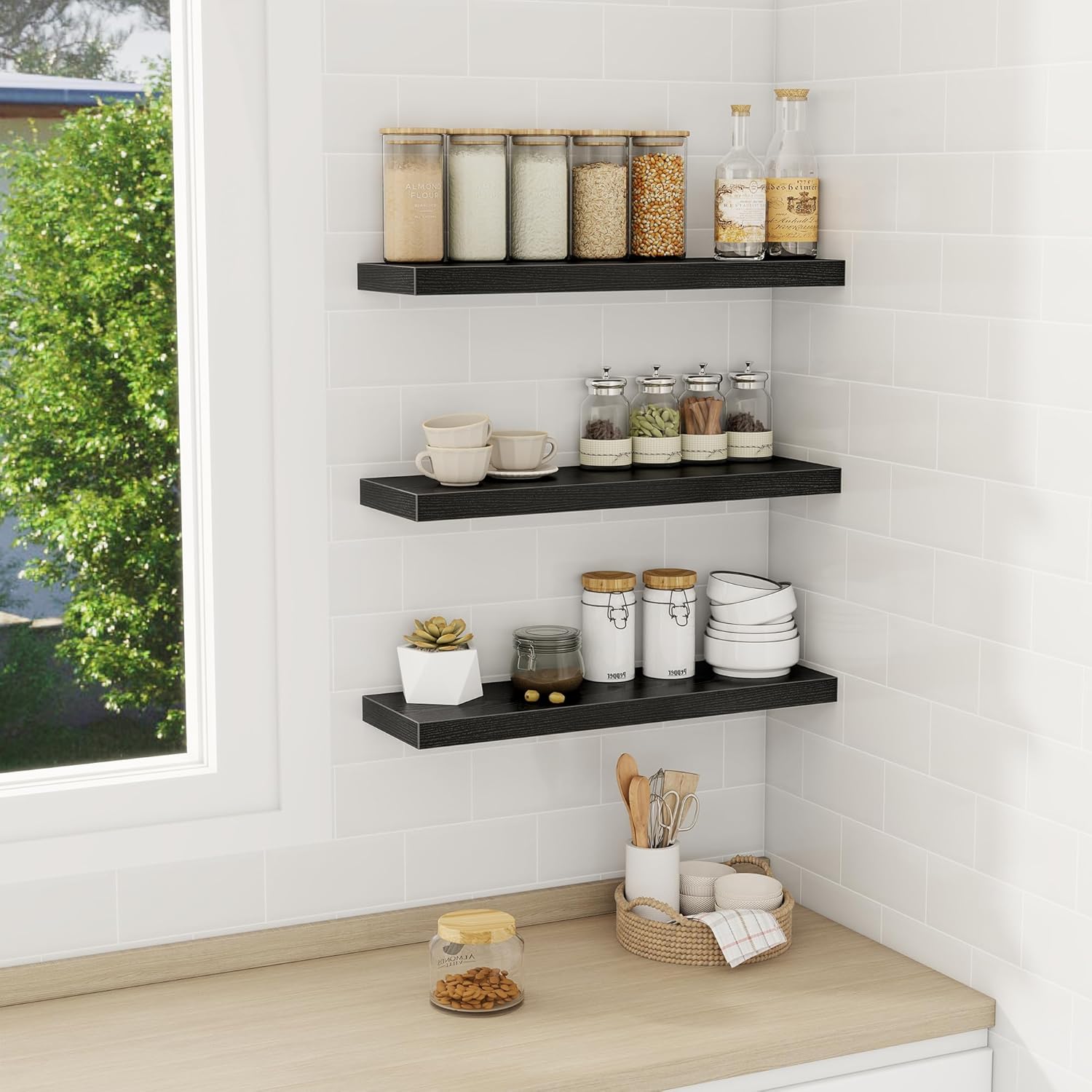 Fun Memories Black Floating Shelves Wall Shelf 24 Inch Long, Rustic Bathroom Shelves, Wall Mounted