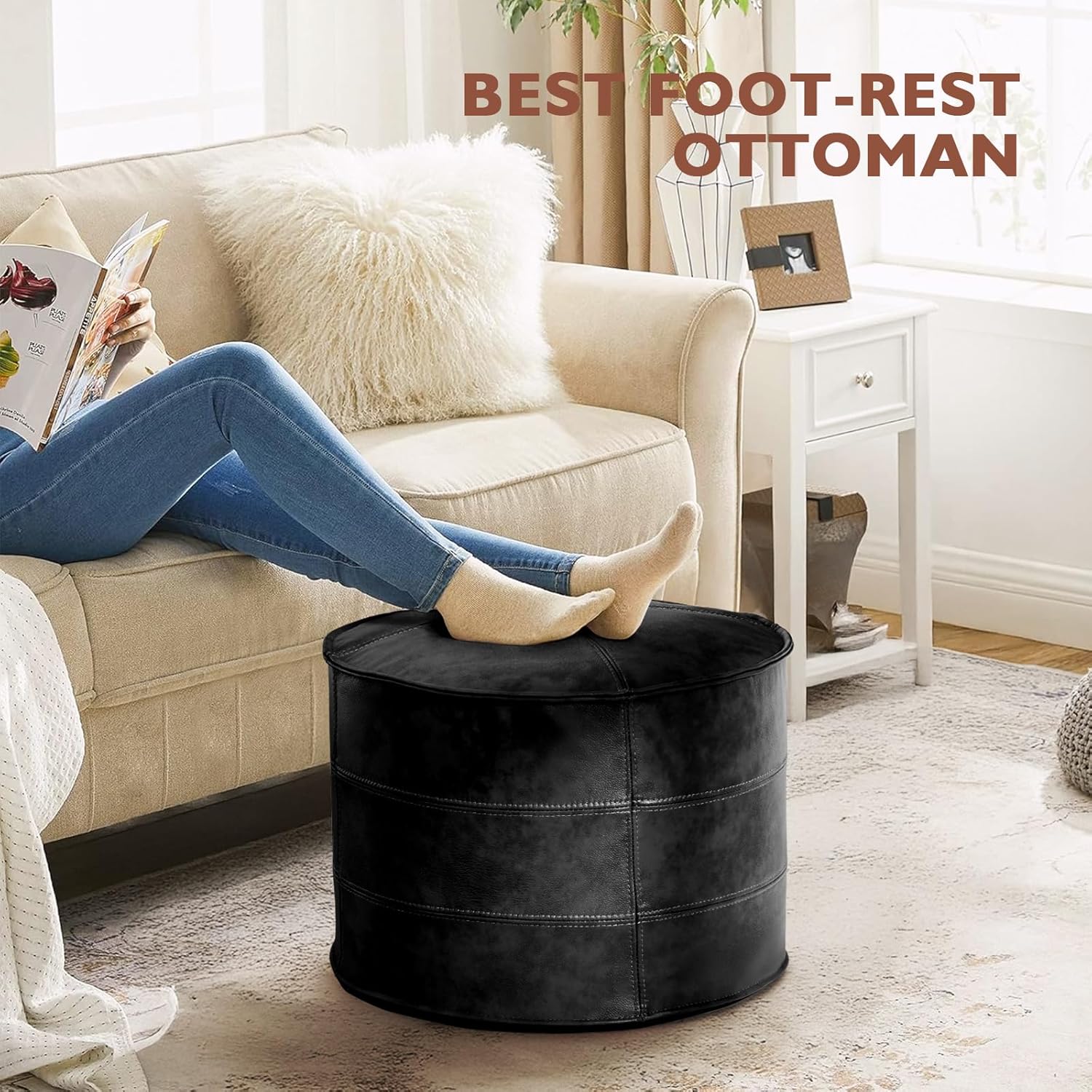 Round Leather Ottoman,Handmade Stuffed Ottoman,Genuine Leather Pouf, Foot Rest Pouf,Comfortable