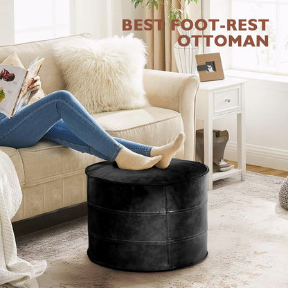 Round Leather Ottoman,Handmade Stuffed Ottoman,Genuine Leather Pouf, Foot Rest Pouf,Comfortable