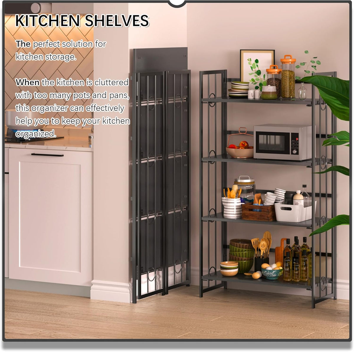 4NM No Assembly 4 Tiers Folding Bookshelf, 47.2" H Foldable Storage Shelves Vintage Bookcase