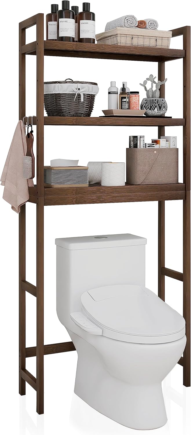 SMIBUY Bathroom Storage Shelf, Bamboo Over-The-Toilet Organizer Rack, Freestanding Toilet Space