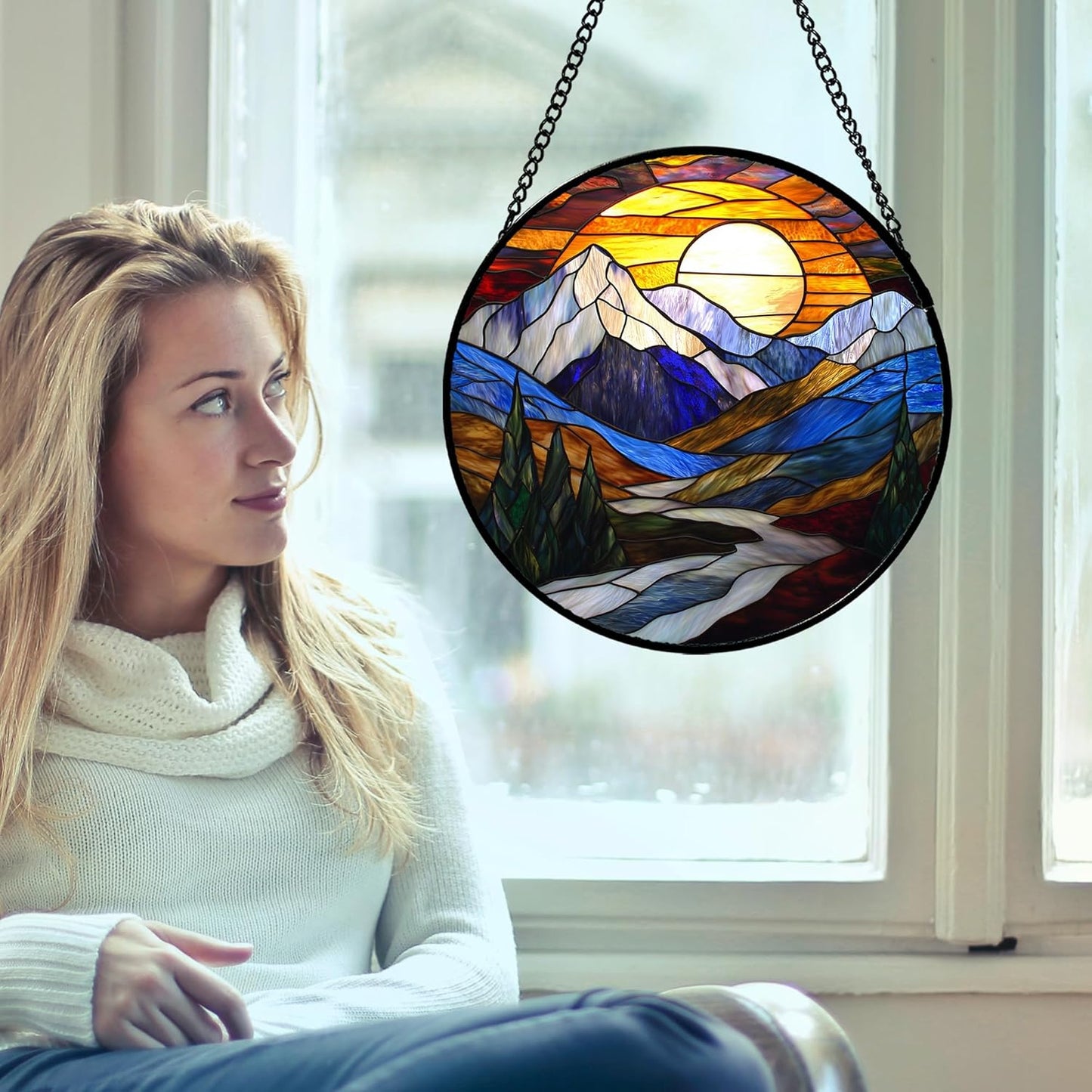 Stained Glass Window Hanging, Yellow Blue Sunset Mountains Scenery Sun Catcher for Window Home