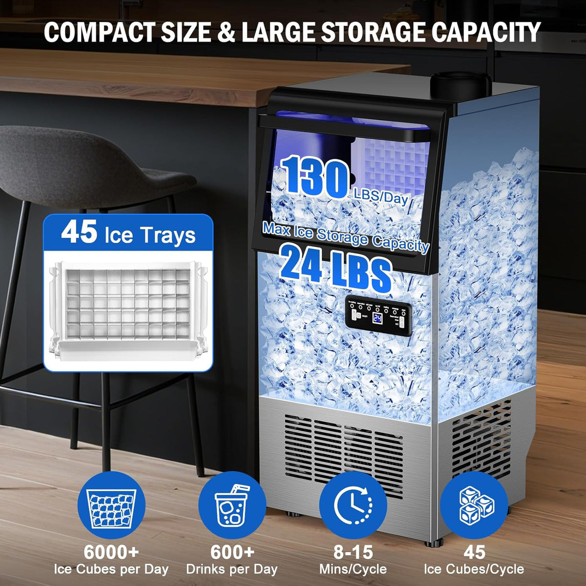 Commercial Ice Maker Machine 130 LBS/24H, 45 Ice Trays Freestanding & Undercounter Ice Machine