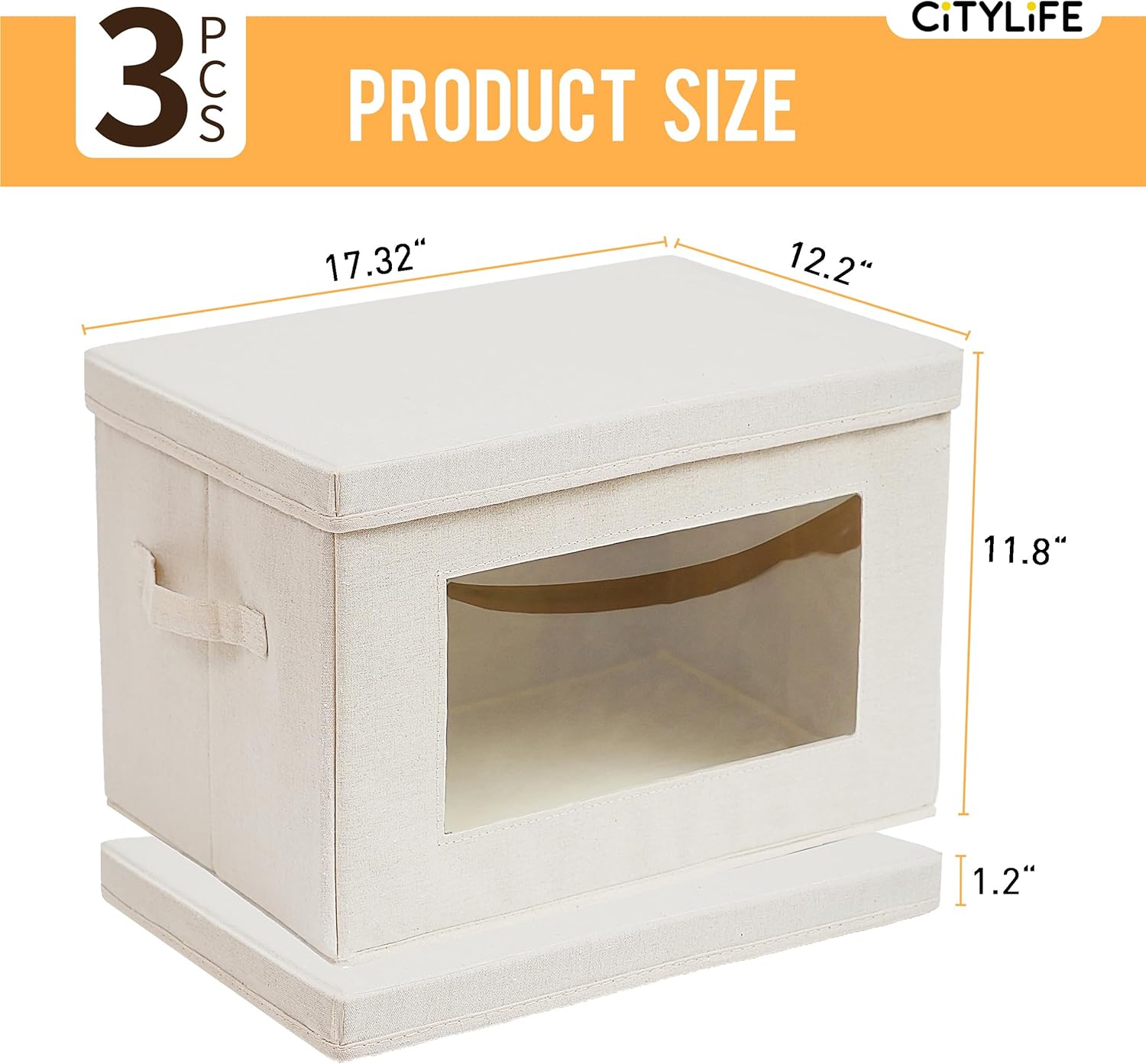 Citylife 3 Pack Storage Bins with Lids, Fabric Foldable Storage Bins with Soft Cord Handles, Canvas