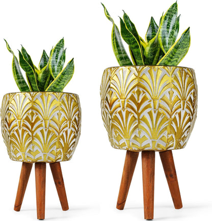 Harvest Land Plant Pots with Stand, Set of 2 Large Modern Planters Metal Tall Handmade Flower Pots