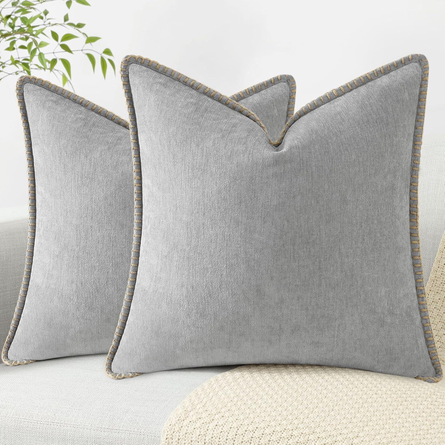 decorUhome Chenille Soft Throw Pillow Covers 22x22 Set of 2, Farmhouse Velvet Neutral Decorative