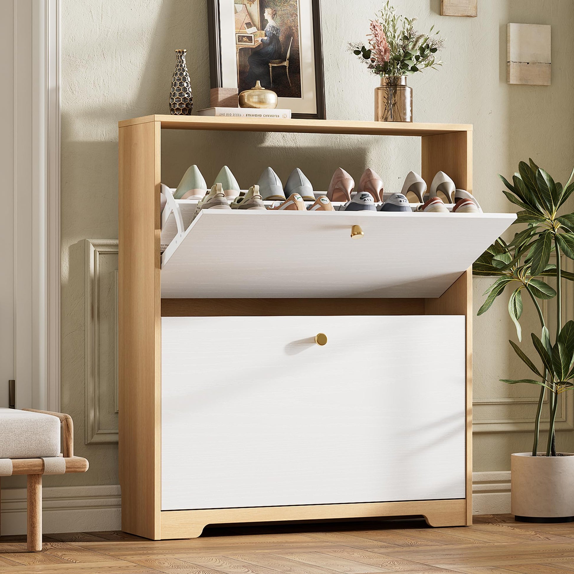 Nicetree Shoe Cabinet with 2 Flip Drawers, Narrow Shoe Organizer Cabinet, Freestanding Shoe Rack