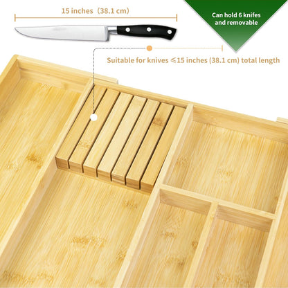 VaeFae Bamboo Kitchen Drawer Organizer, Wooden Utensil Tray with Multiple Compartments, Cutlery and