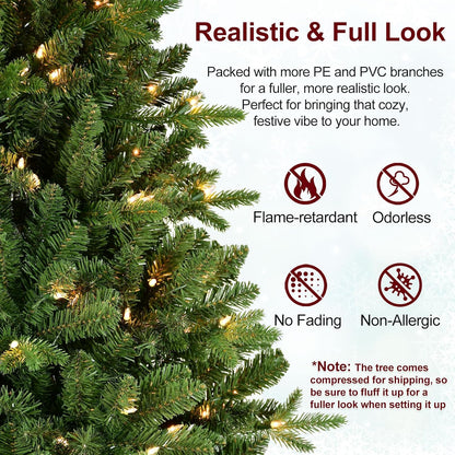 8FT Pre-Lit Artificial Christmas Tree with 2748 PE&PVC Mixed Branch Tips, 600 Warm White Lights