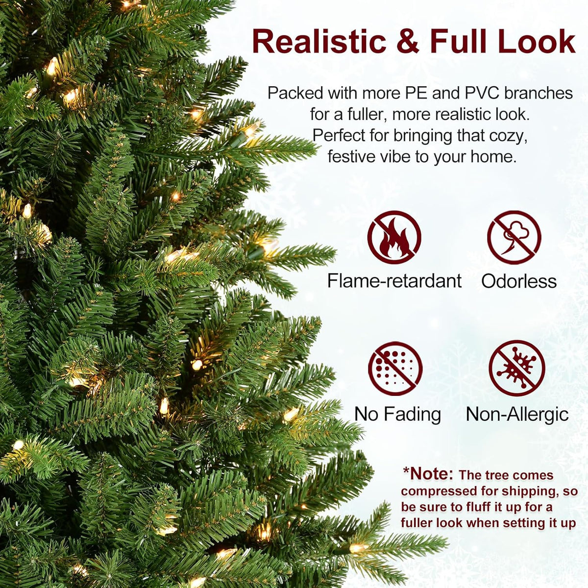 6FT Pre-Lit Artificial Christmas Tree with 1458 PE&PVC Mixed Branch Tips, 400 Warm White Lights