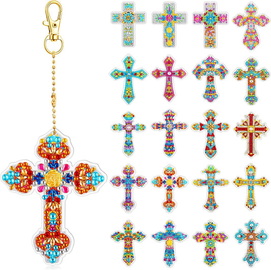 Henoyso 20 Pcs Diamond Art Painting Keychains Kits for Adults 5d Double Sided Cross Shaped Diamond