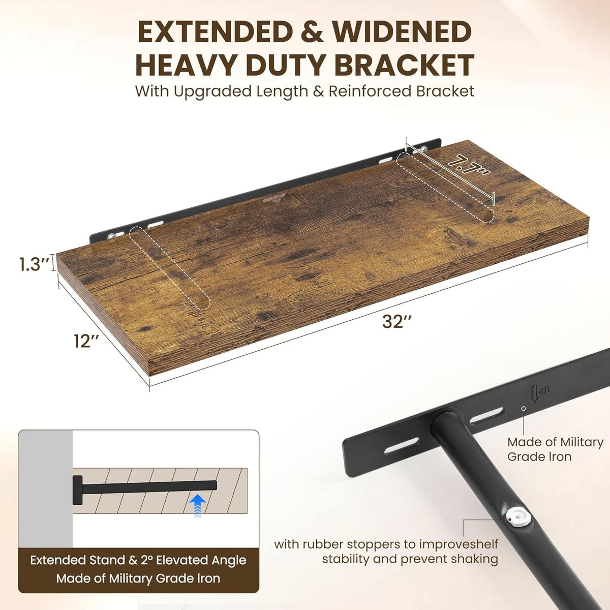 32" Floating Shelves for Wall, 12" Deep Slim Rustic Brown Floating Shelves, Wall-Mounted Shelves