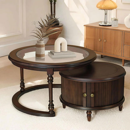 31.5'' Nesting Coffee Table Set of 2, Solid Wood Round Nesting Coffee Table Fluted with Storage
