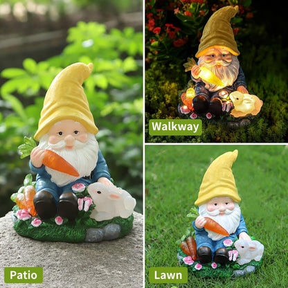 Solar Garden Outdoor Statues Gnome Feeding Rabbit with 6 LED Solar Figurine for