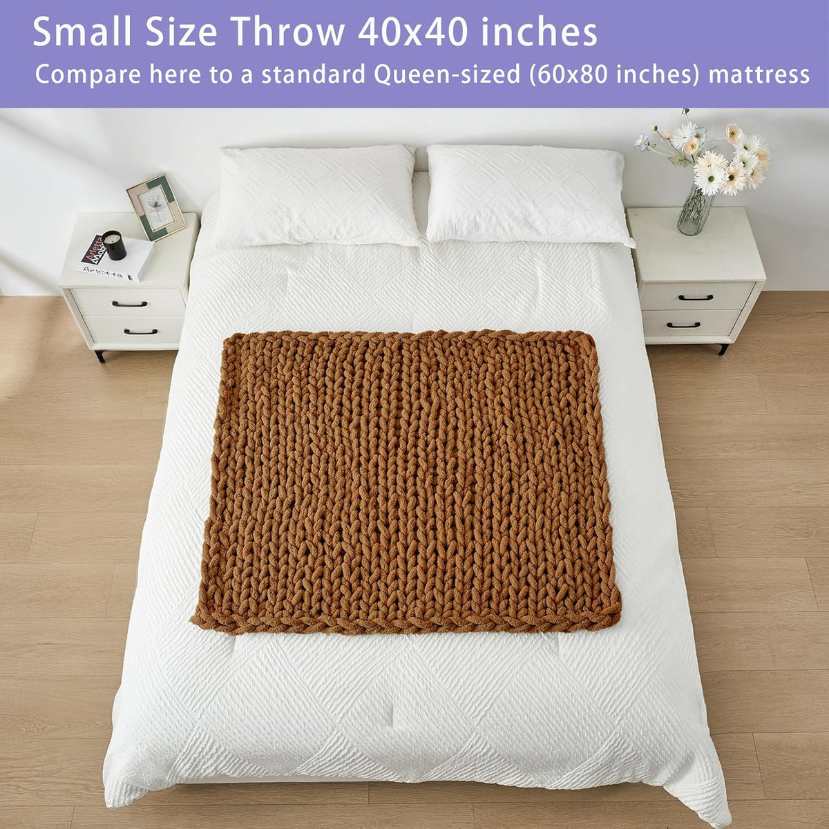 Bigacogo Chunky Knit Throw Blanket for Couch, 40x40 inches, 100% Hand Knitted with Thick Jumbo