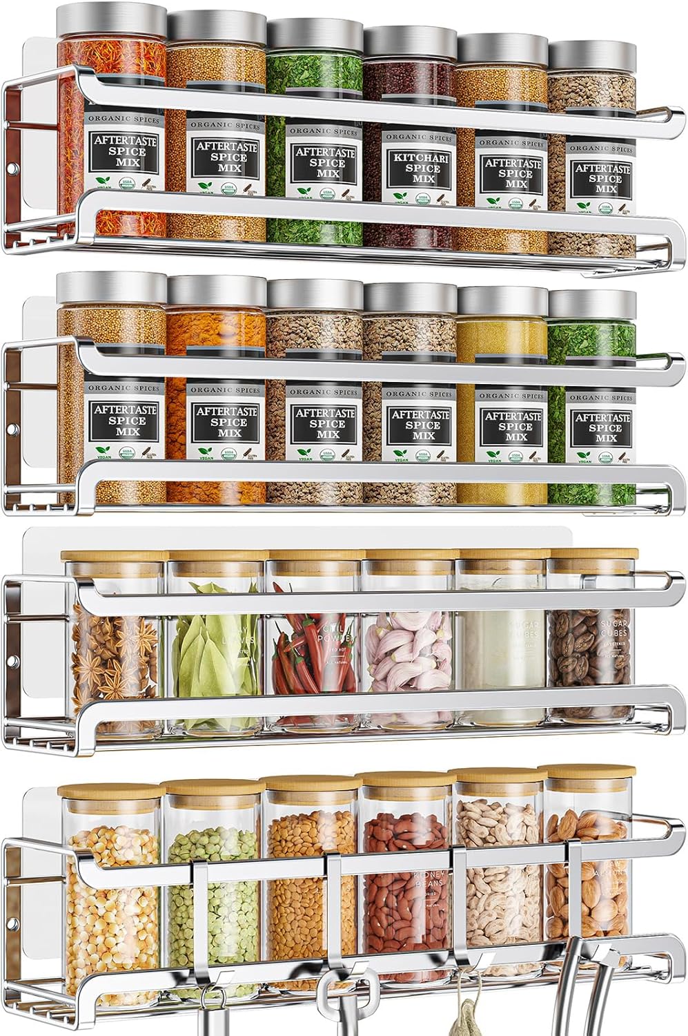Spice Rack wall mounted 4 Pack, Space-Saving Spice Organizer for Spice Jars and Seasonings,Screw or