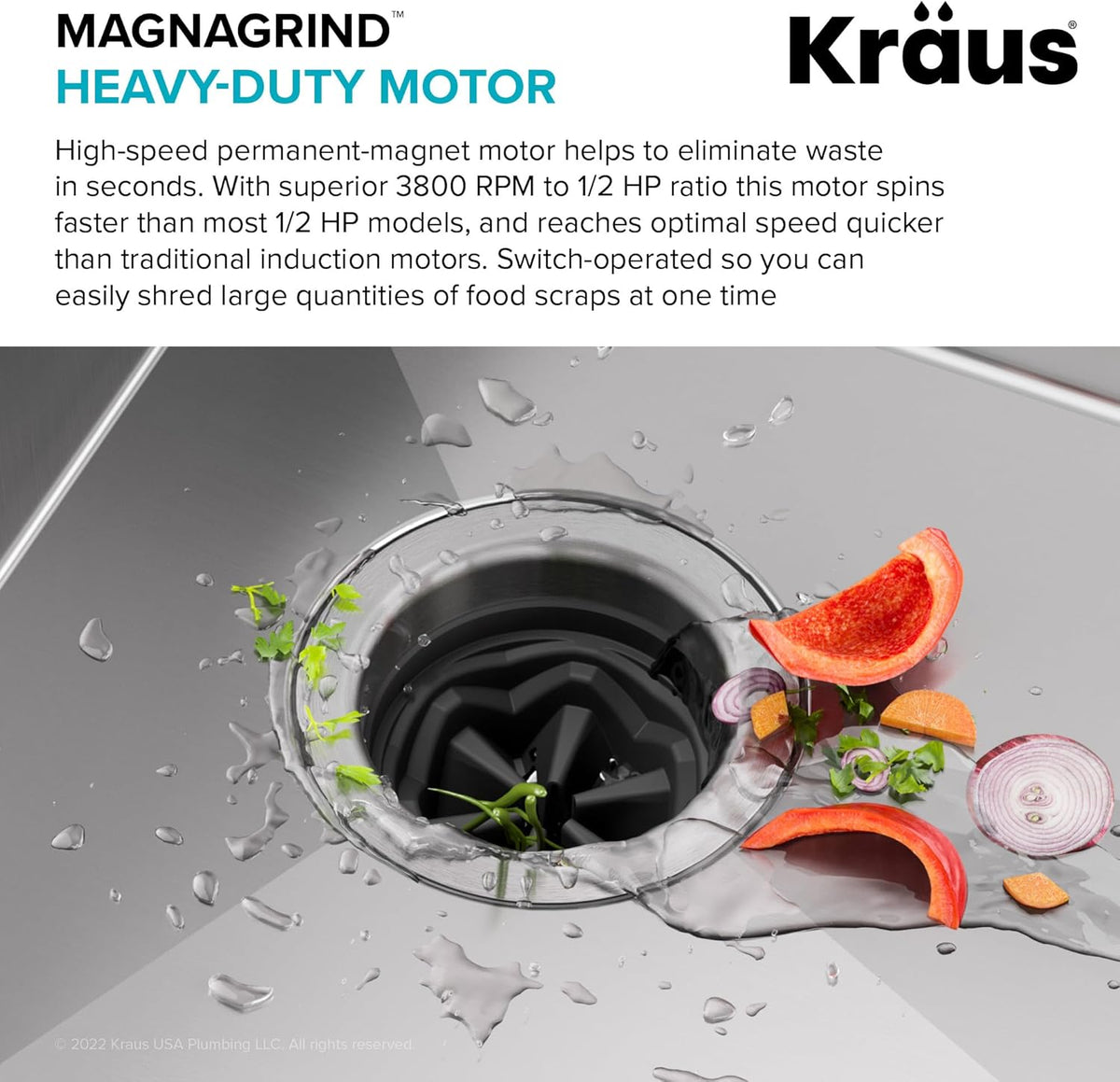 KRAUS® WasteGuard™ High-Speed 1/2 HP Continuous Feed Ultra-Quiet Motor Garbage Disposal with Power