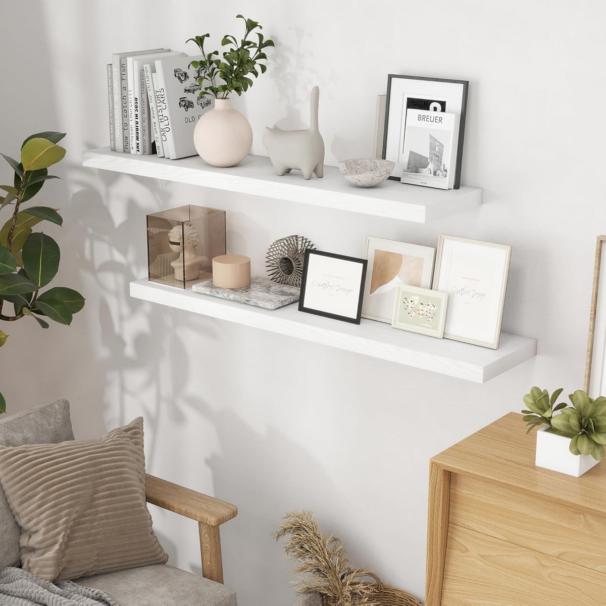Fun Memories Floating Shelves 48 Inch Set of 2, White 48 x 9 Wall Shelves for Home Decor Storage