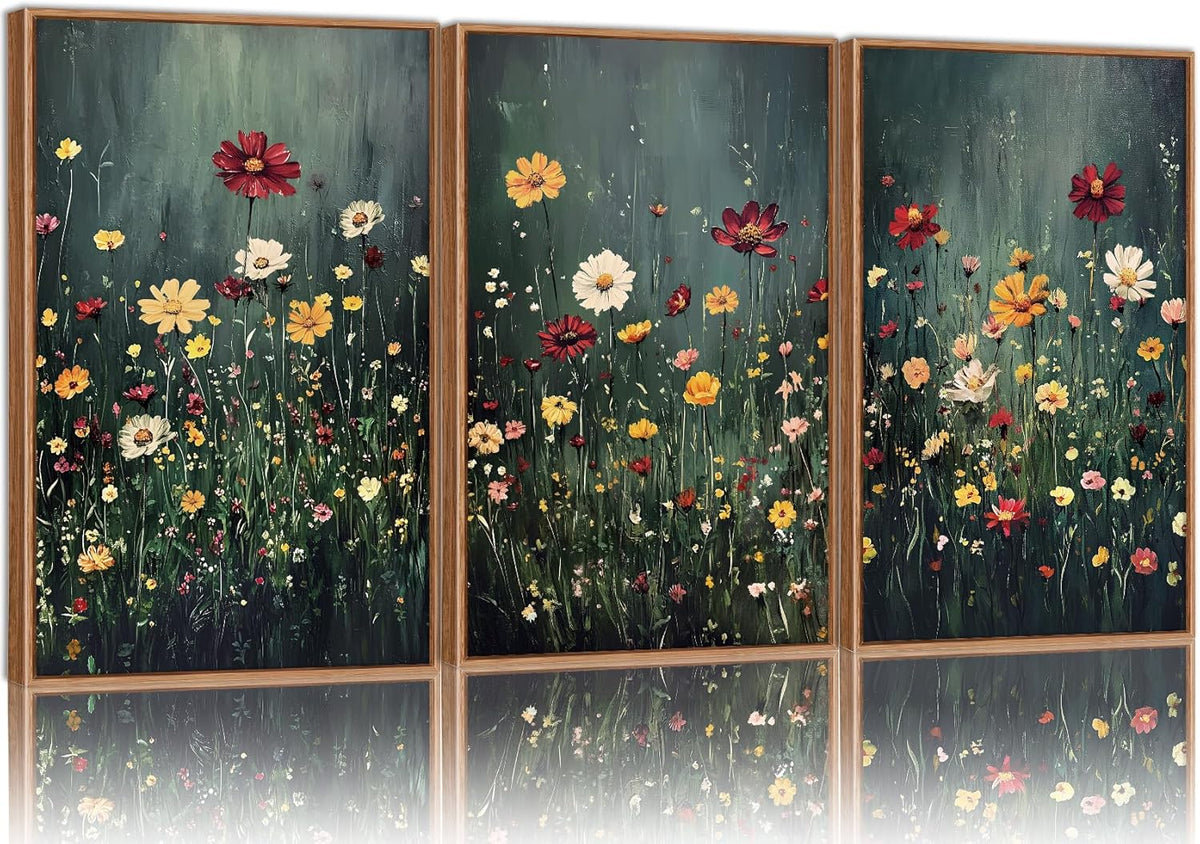 SIGNINART Vintage Floral Framed Canvas Wall Art, Dark Moody Wildflowers Wall Decor, Boho Abstract