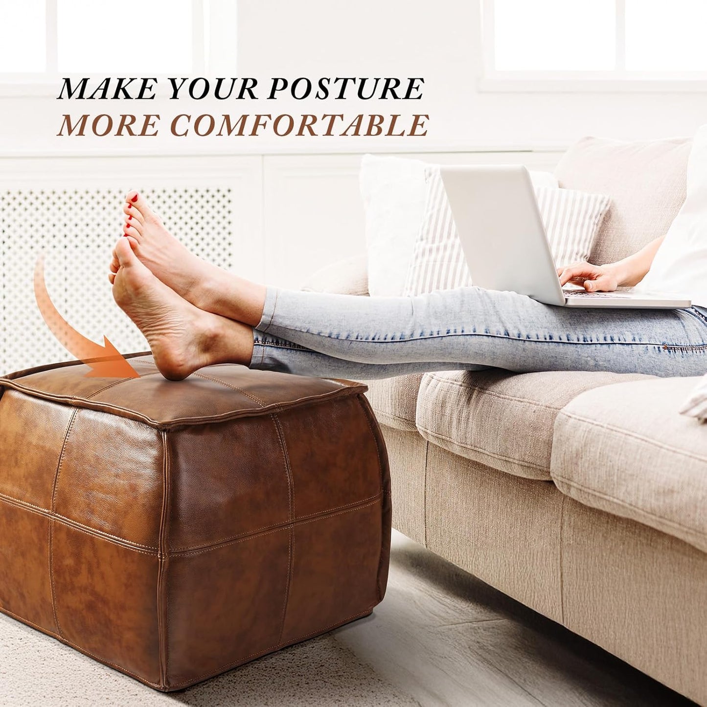 Leather Ottoman,Handmade Stuffed Square Ottoman,Genuine Leather Pouf, Foot Rest Pouf,Comfortable