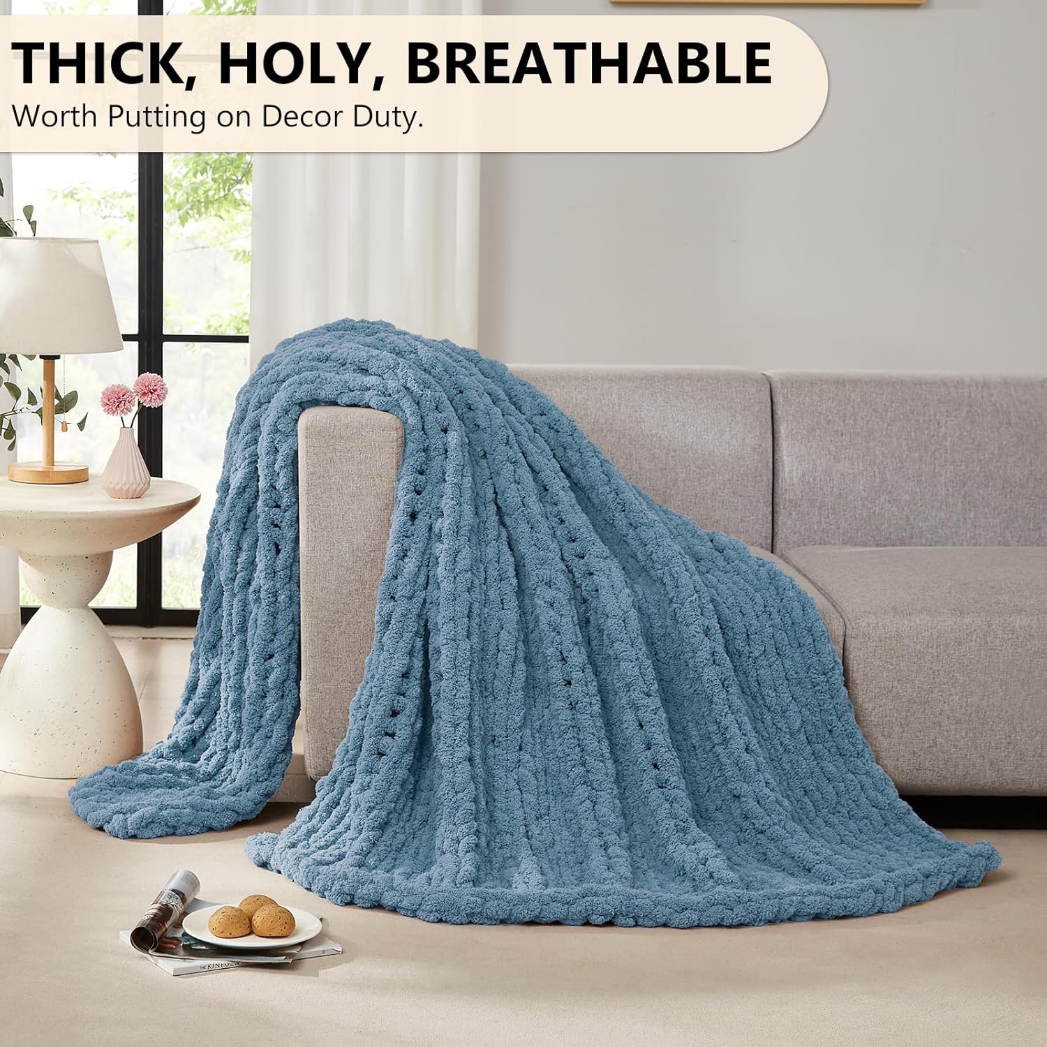 L'AGRATY Chunky Knit Blanket Throw: 50''x60'' Chenille Chunky Knitted Throw Blanket for Bed Couch