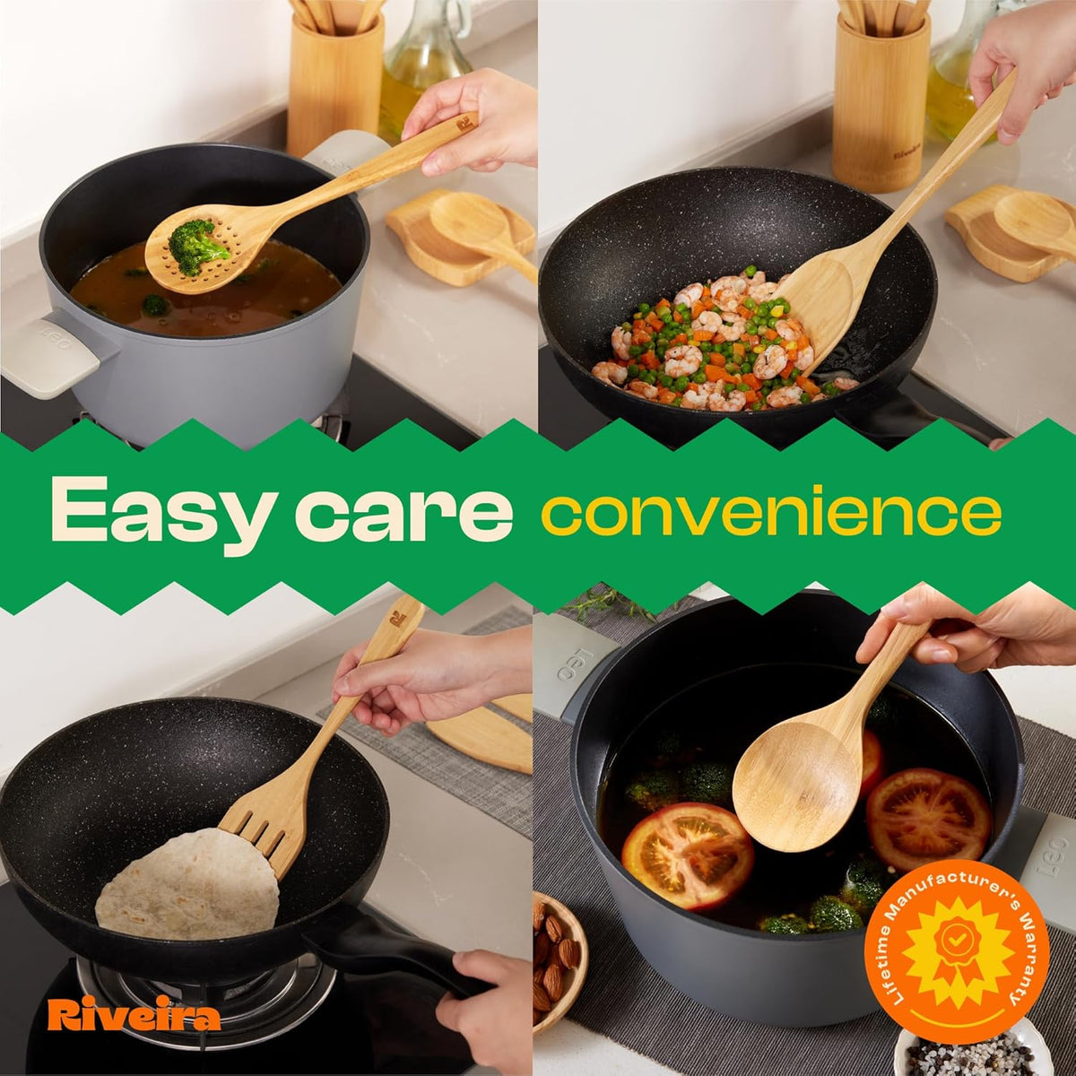 Riveira Natural Bamboo Wooden Cooking Utensils Set of 9 Premium Quality Non-Toxic Wooden Spoons and