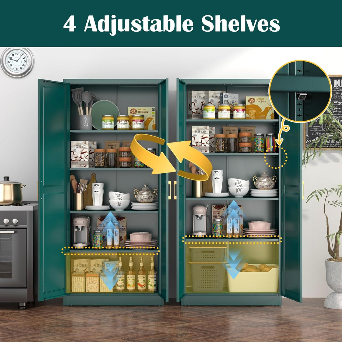 Kitchen Pantry Cabinet,71”Green Metal Pantry Storage Cabinets with Doors and 4 Adjustable