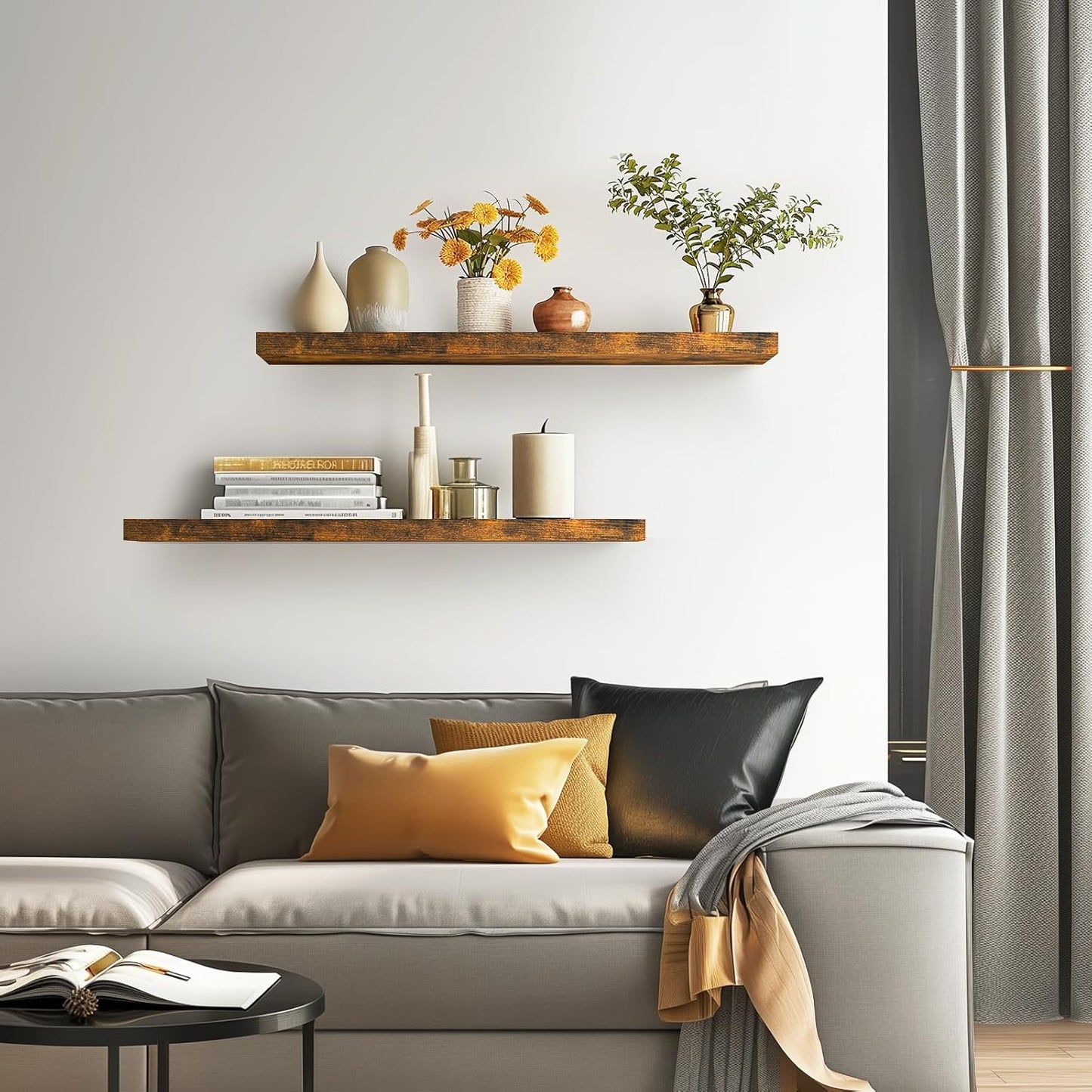 BAYKA Floating Shelves, 36" Wall Mounted Rustic Wood Shelves for Bathroom, Bedroom, Living Room