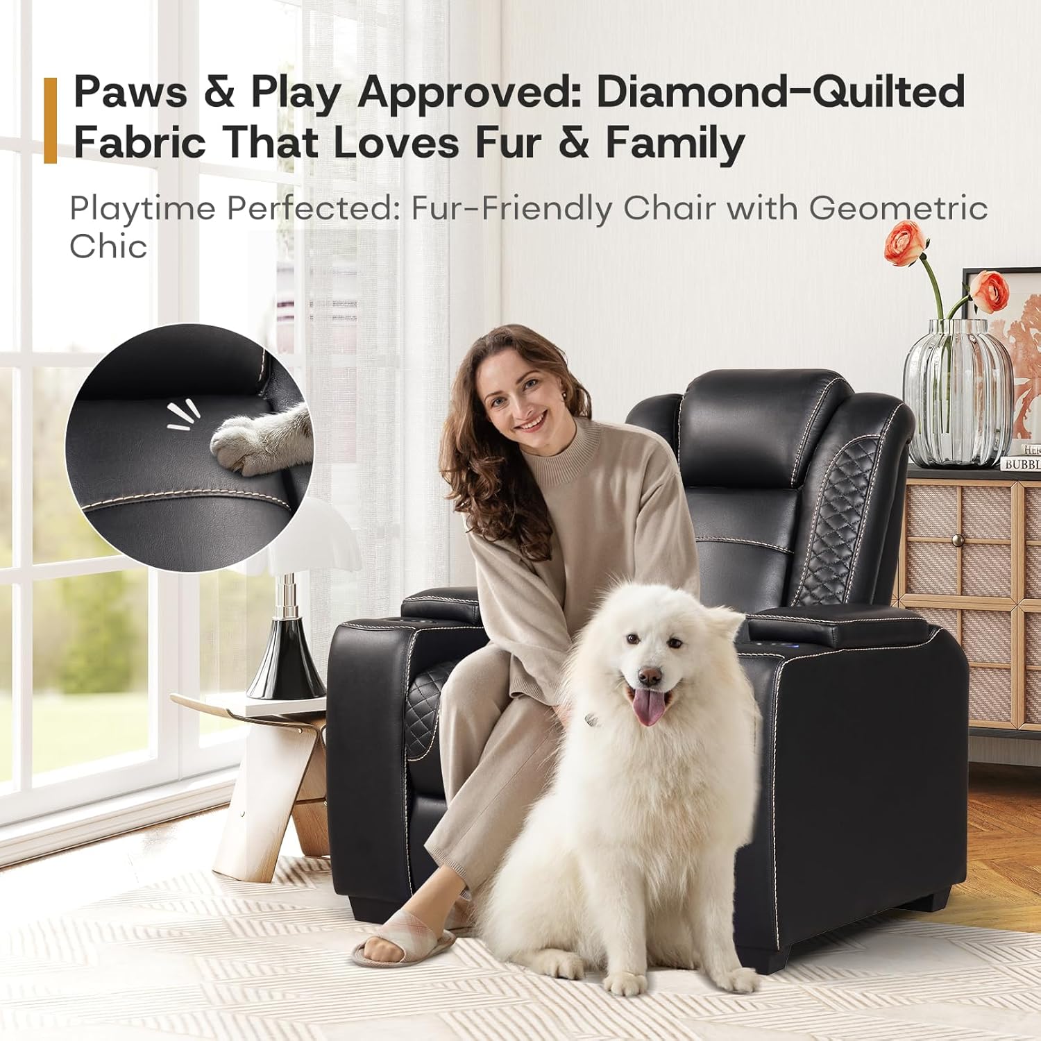 ANJ Power Theater Recliners Set of 3, Electric Home Theater Seating, Black Faux Leather Recliner
