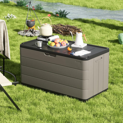 ZZM 110 Gallon Outdoor Deck Box with Wheels, Waterproof Resin Storage Cabinet for Patio Cushion and