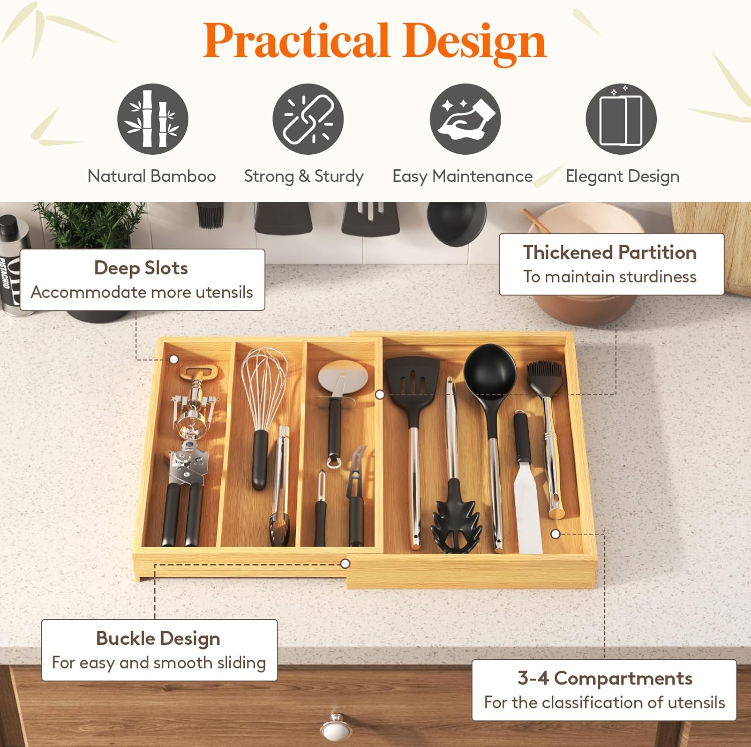 Lifewit Utensil Drawer Organizer, Expendable Cooking Silverware Tray for Kitchen Drawer, Bamboo