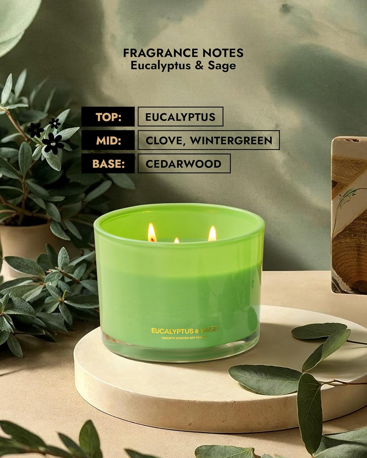 96NORTH Luxury Eucalyptus & Sage Soy Candle | Large 3 Wick Jar Candle | Up to 50 Hours Burning Time