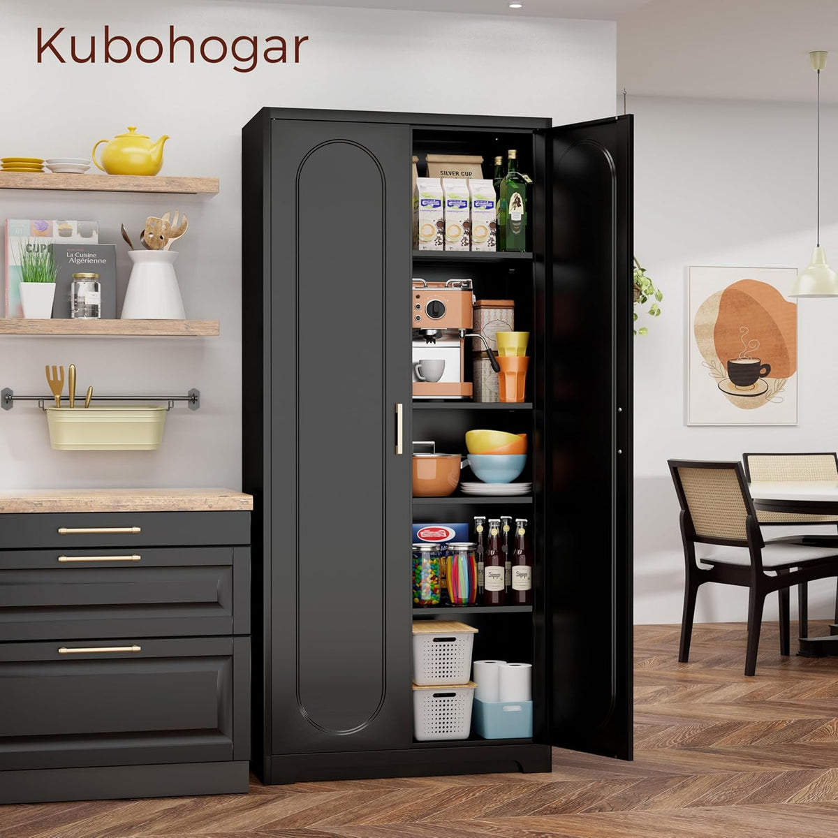 71" Tall Metal Pantry Cabinet with 4 Adjustable Shelves and Gold Handles Heavy-Duty Steel Storage