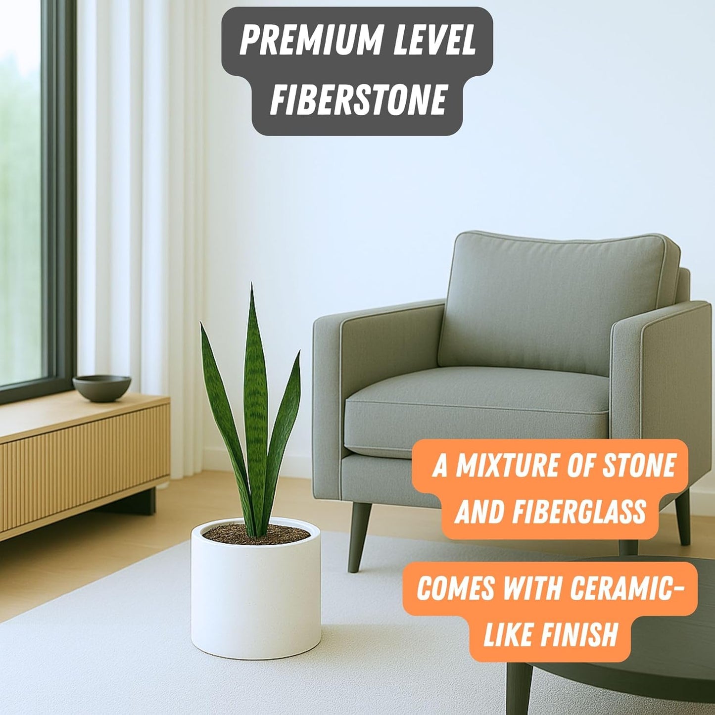 Fox & Fern 8 Inch Plant Pot with Drainage Plug — Premium Lightweight Fiberstone Matte White