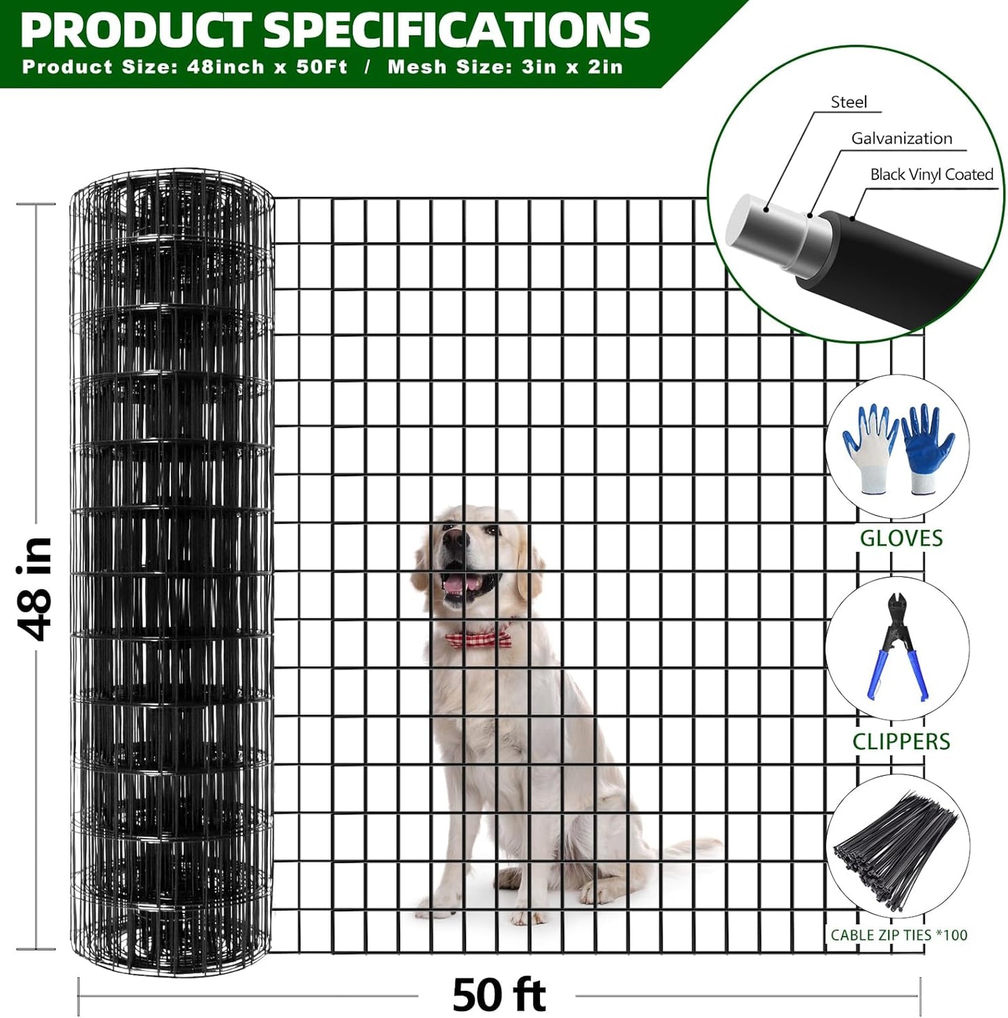 Welded Wire Fence, 50ft(L) x 48inch(H) Garden Fence for Dog, 2 Inch x 3 Inch 16GA Fencing for