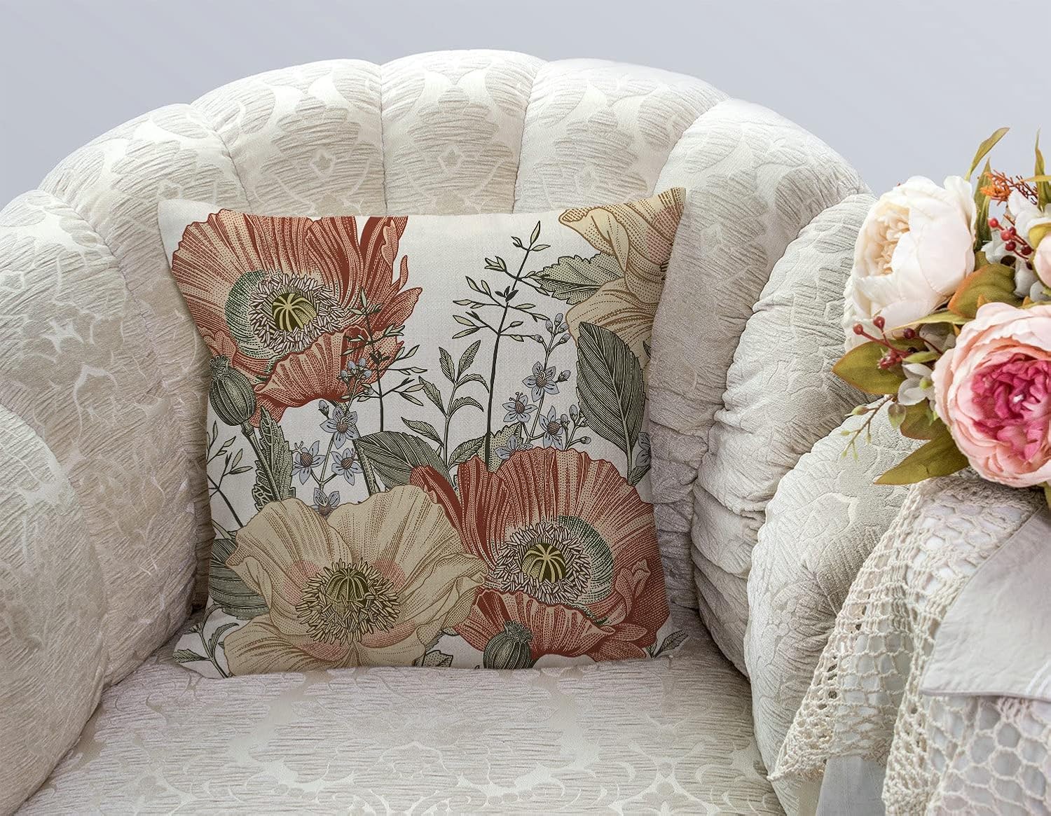 TSSOHU Vintage Flowers Pillow Cover Rustic Cotton Linen Decorative Square Throw Pillow Cover 18x18