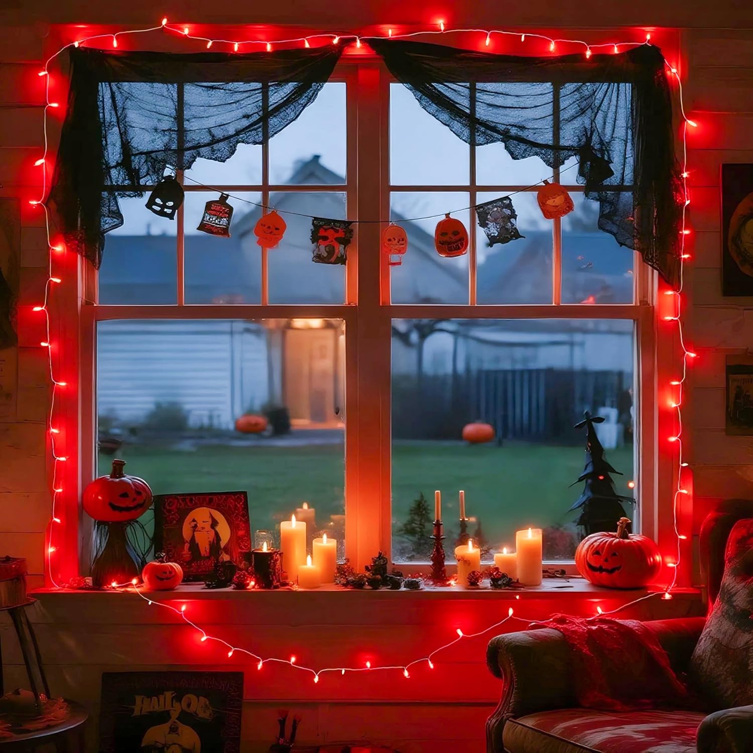 JMEXSUSS 33ft 100 LED Red Halloween Lights, 8 Modes Room String Light Indoor Plug-in, Clear Wire