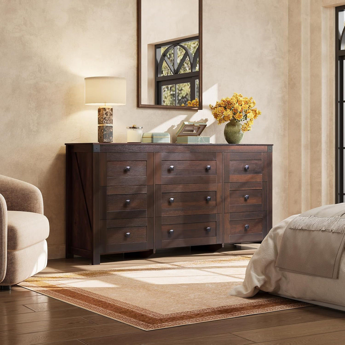 WLIVE Farmhouse Dresser for Bedroom, 63" Wide 9 Drawer Dresser Storage Organizer, Wood Chest of
