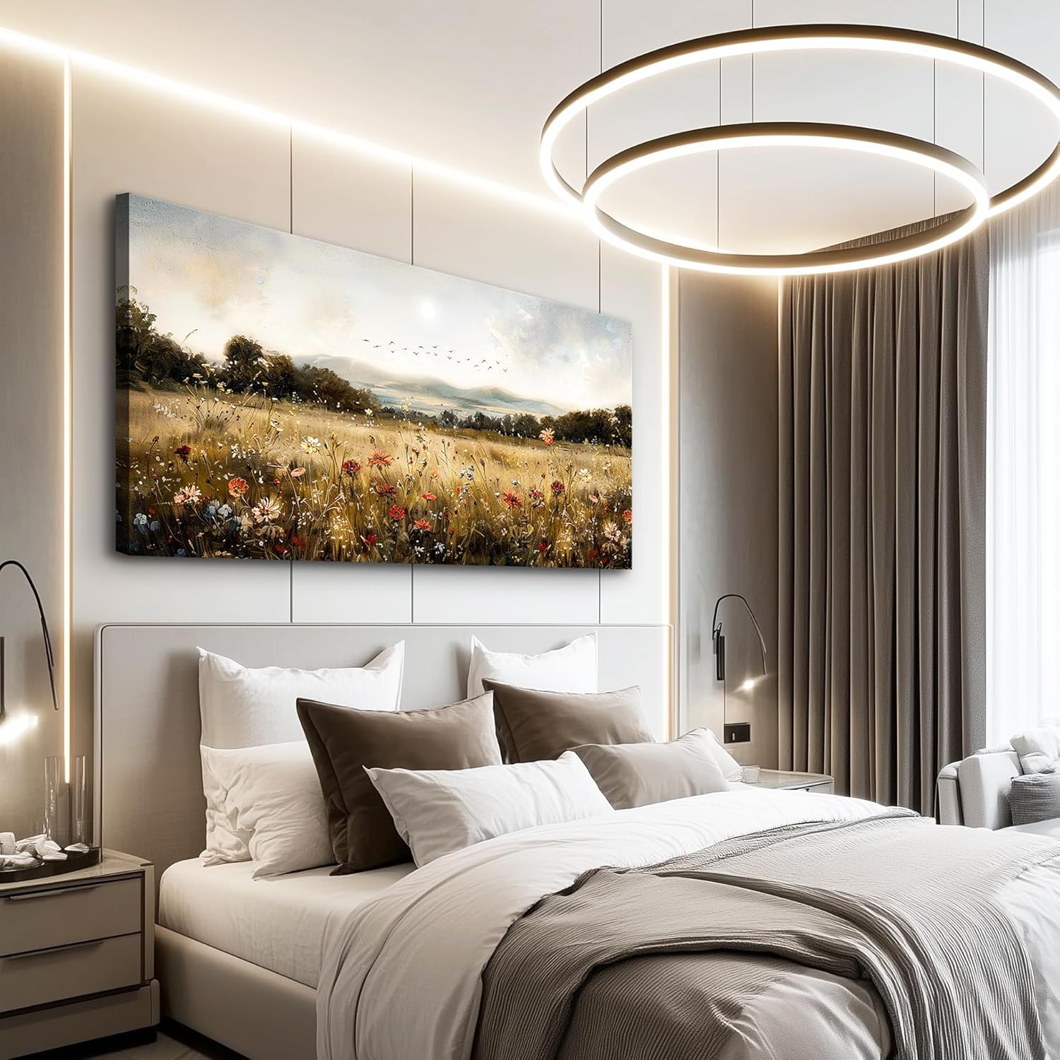 KELIYUAN Canvas Wall Art For Kitchen Dining Room Vintage Decor, Lawn Paintings With Flowers Wall