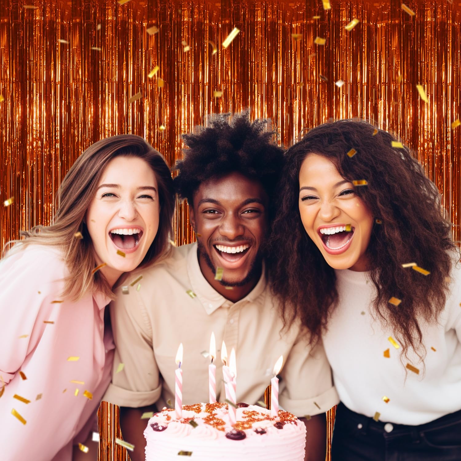 3 Pack Foil Fringe Backdrop - Bronze Shiny Tinsel Curtains for Party Decoration/Photo Booth Props